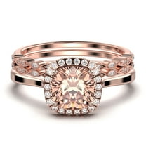 Dazzling Halo 2.55 Carat Cushion Cut Morganite And Diamond Moissanite Engagement Ring, Wedding Ring, Two Matching Band in 10k Solid Rose Gold Shank, Gift For Her, Promise Ring, Anniversary Ring