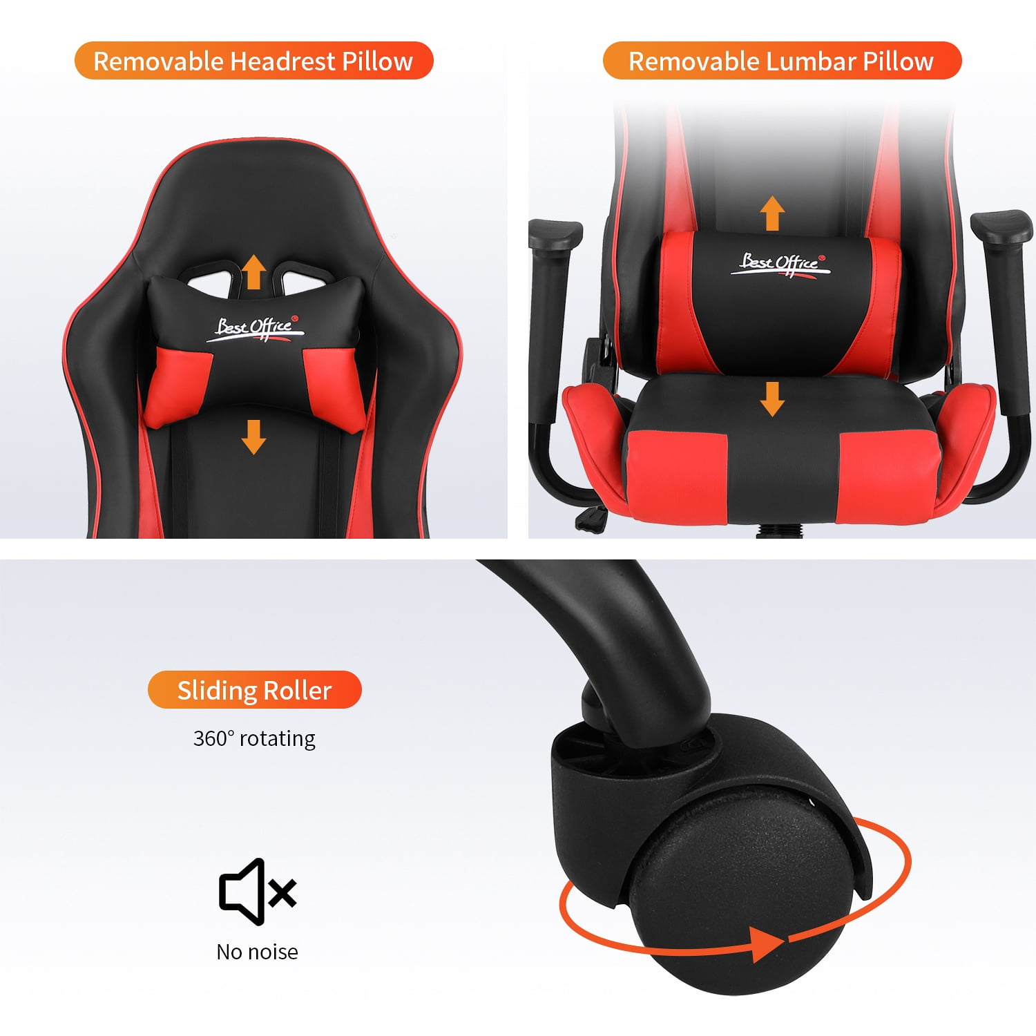 BestOffice Ergonomic Gaming Chair, Lumbar Support, Swivel Rolling for Men, Women(Red)