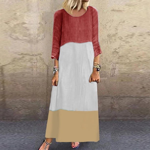 Puntoco Vestido De Manga Tres Cuartos Con Empalme De Color En Contraste Informal De Algodón Y Lino De Color Sólido Con Cuello Redondo De Primavera Y Verano Para Mujer Rojo Xl