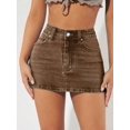 thumbnail image 3 of Coffee Brown High-Waisted Bodycon Denim Mini Skirt With Front Pocket, 3 of 27