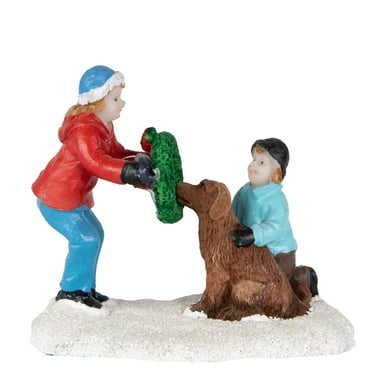 Northlight Children with Dog and Wreath Christmas Village Display Piece - 6"
