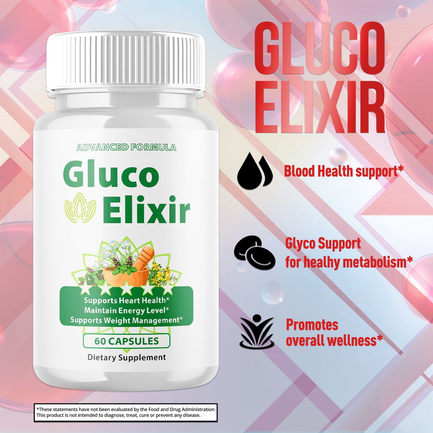 Gluco Elixir Blood Support Pills Advanced Formula Vitamin Supplement GlucoElixir 180 Capsules