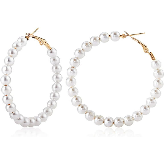 1 Pair Shell Pearl Beaded Big Hoop Earrings Alloy Jewelry for Women Golden 53.5mm Pin: 0.8mm