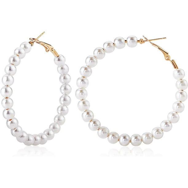 Pendientes de aro con perlas, pendientes de aro redondos, pendientes de aro dorados, pendientes de aro elegantes con cuentas de concha, joyería de moda para las orejas, regalos para mujer
