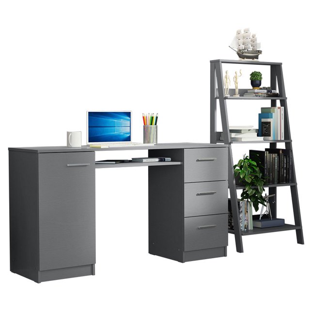 Madesa 2-Piece Home Office and Study Furniture Set: 53" Computer Desk with 3 Drawers, 1 Door, Storage Shelf + 24" 5-Tier Ladder Shelf for Pantry, Books, & Utilities – Gray