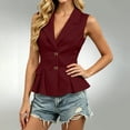 thumbnail image 3 of Stamzod Blazers for Women Business Casual Summer Sleeveless Dress Jacket V-Neck Lapel Ruffled Blazer with Bow Pockets Wine L, 3 of 7