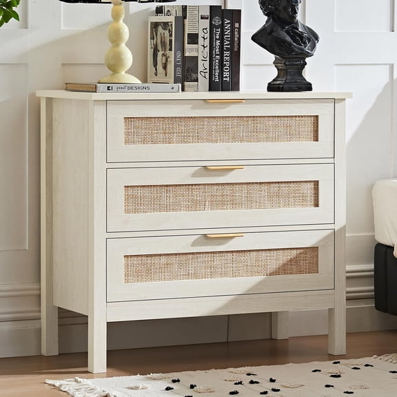 31.5" Wide 3-Drawer Rattan Nightstand, Grey White Bedside Table
