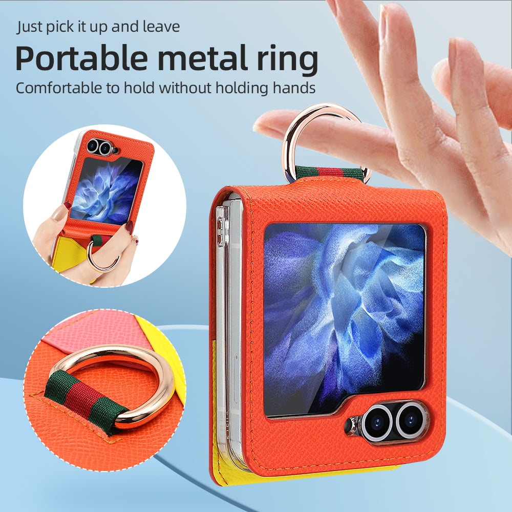 Fashion contrast color leather phone case for Samsung Galaxy Z flip 6 5 4 3 flip6 flip5 ring holder card slot folding cover
