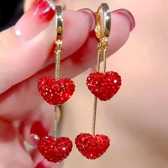1 Pair Sweet Cute Red Rhinestone Heart Dangle Earrings Women Wedding Party Ear Jewelry