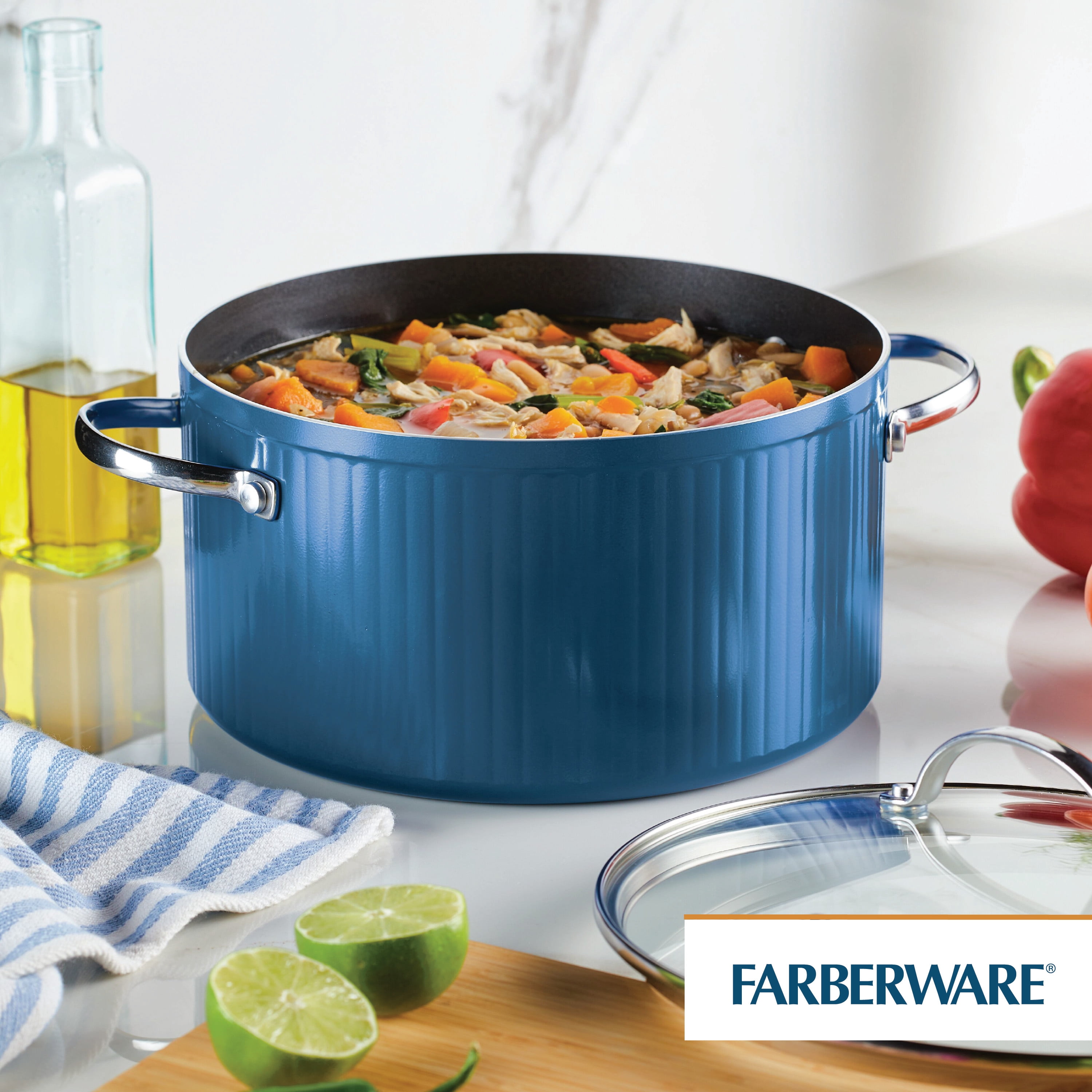 Farberware Style 6 Quart Nonstick Stockpot with Tempered Glass Lid, Dishwasher Safe, Oven Safe to 500°F, Blue