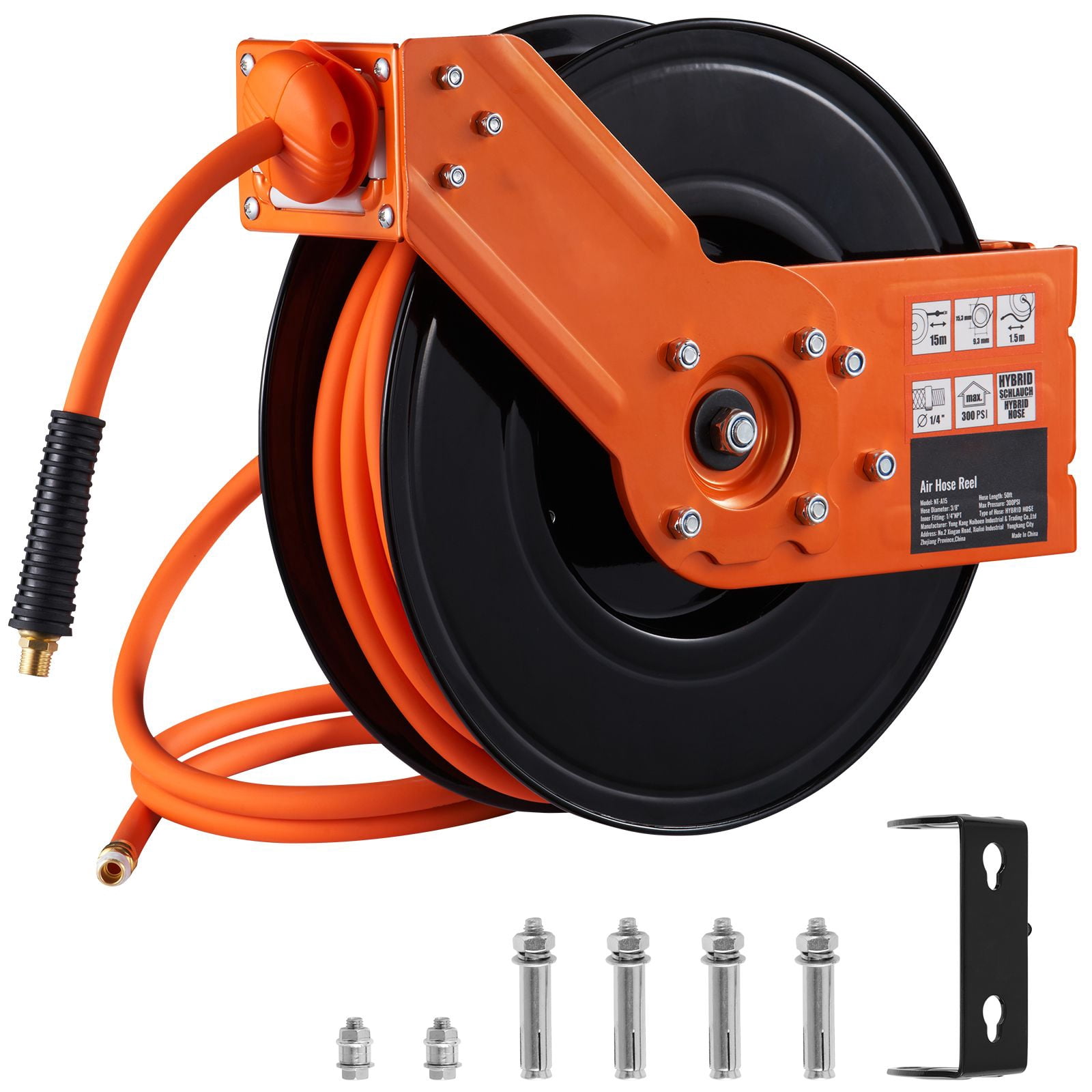 Retractable Air Hose Reel,3/8 INx50 FT Hybrid Air Hose Max 300PSI,Air Compressor Hose Reel with 5 In Lead in,Ceiling/Wall Mount Heavy Duty Double Arm Steel Reel