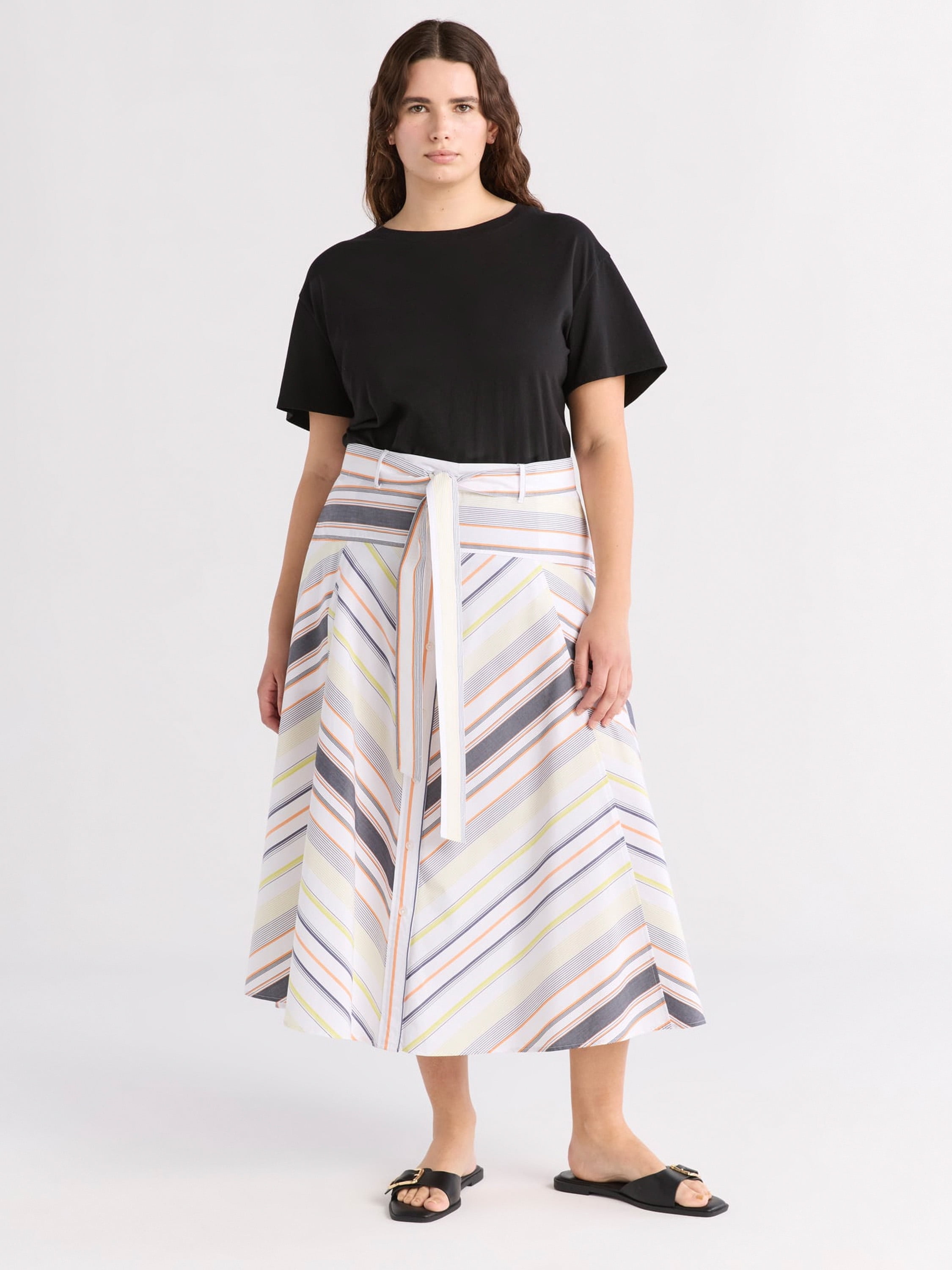 Free Assembly Women's and Women's Plus Size Belted Button Front Cotton Midi Skirt, XS-4X