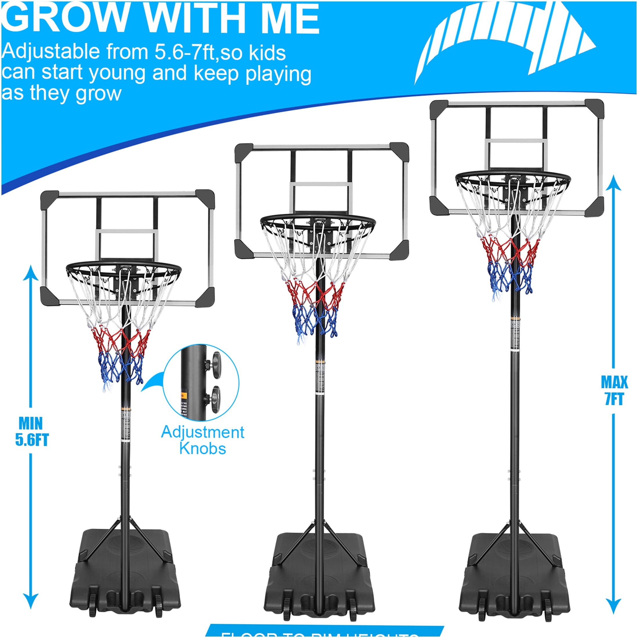 JERFIT 5.6-7ft Adjustable Portable Basketball Hoop with Wheels, 28" Backboard for Indoor Outdoor Youth Play