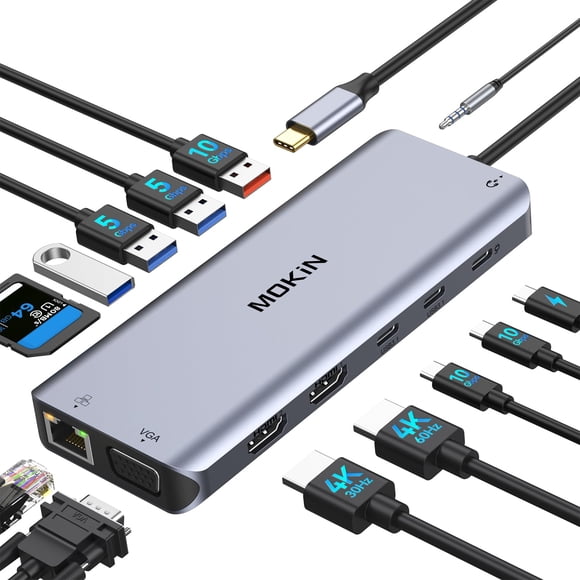 Estación de acoplamiento USB C para computadora portátil MoKin 14 en 1 con doble monitor 4K