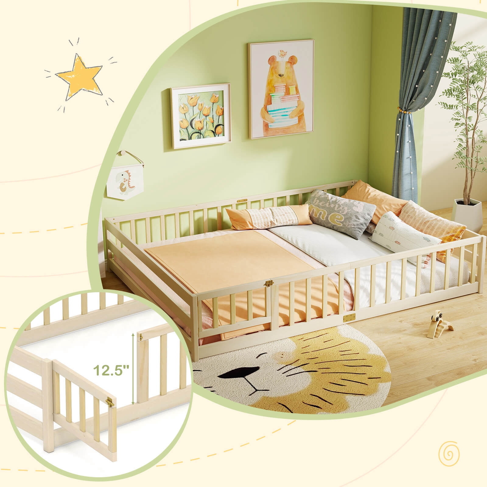 Costway Queen Size Floor Bed with Full Length Safety Guardrails & Door for Boys, Girls Natural