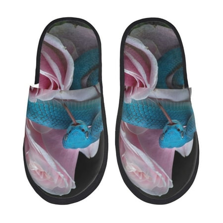 

Tideii Blue Lipped Pit Viper And Three Pink Roses for Home Indoor Cotton Slippers Autumn and Winter EVA Plush Slippers Household Supplies Unisex-Large