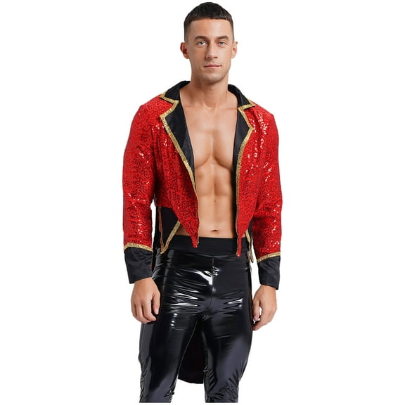 Mufeng Mens Magic Costume Circus Ringmaster Outfit Long Sleeve Sequins Tailcoat Jacket Outerwear Red 3XL