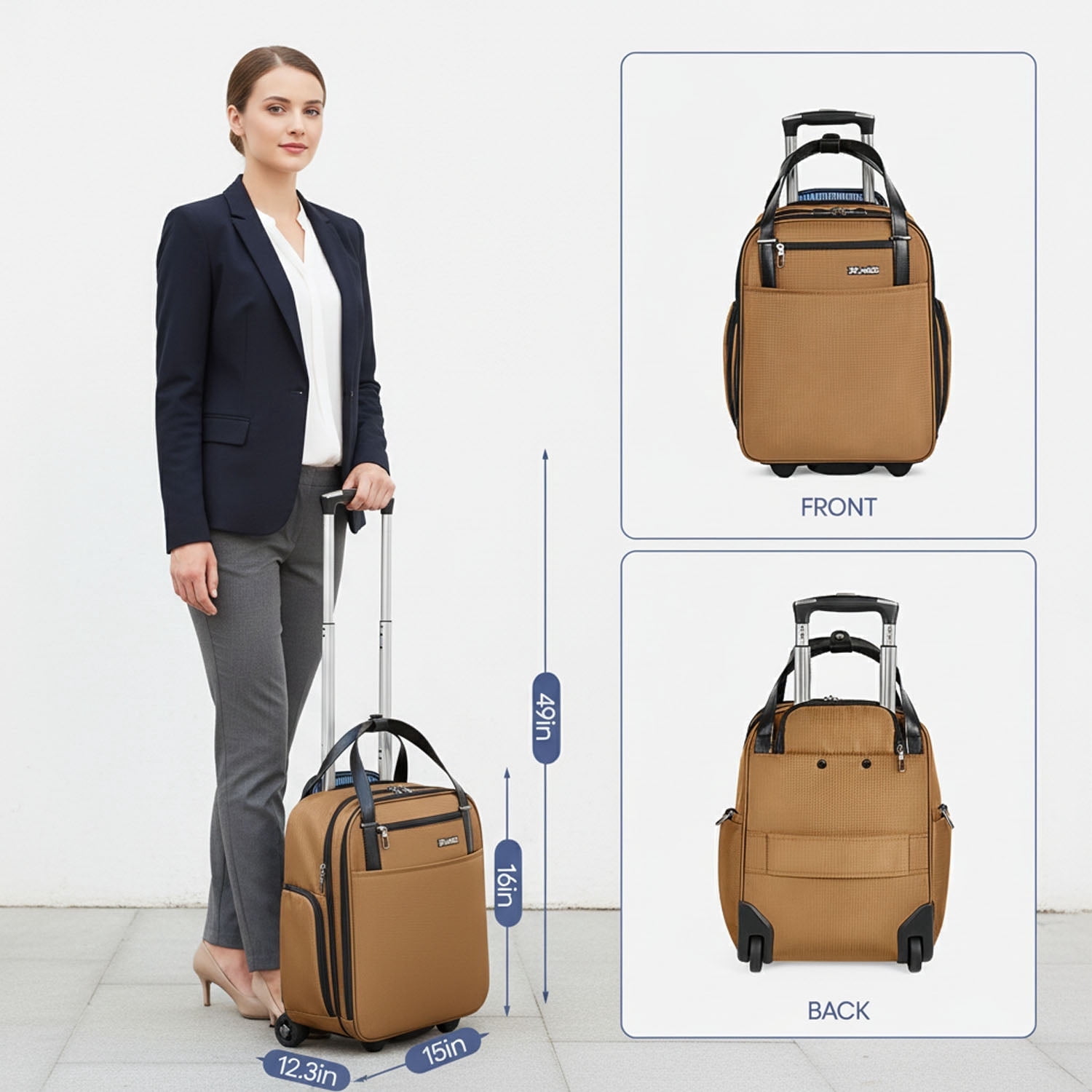 16" Underseat Carry on Luggage for Airplane, Softside Small Rolling Suitcase,Lightweight Personal Item Travel Bag, Brown - XJ5011