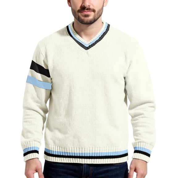 Men's V Neck Knit Sweater Long Sleeve Pullover Casual Striped Trim Sweater