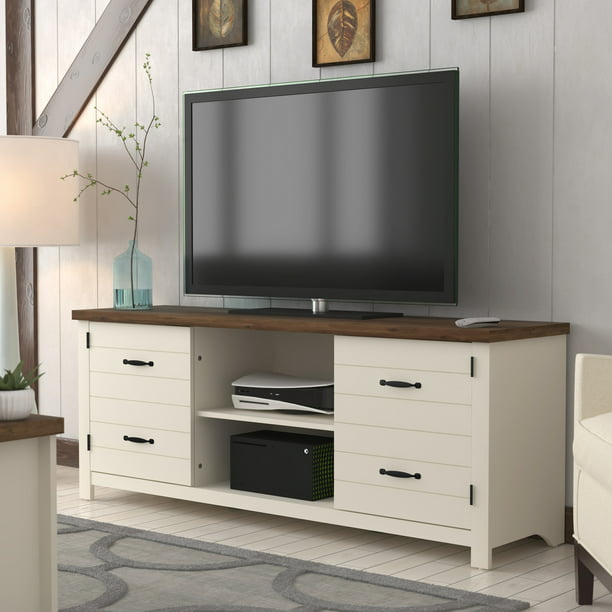 Lancaster Farmhouse 60” TV Stand with Charging Station for TV’s up to 65”, Ivory/Oak