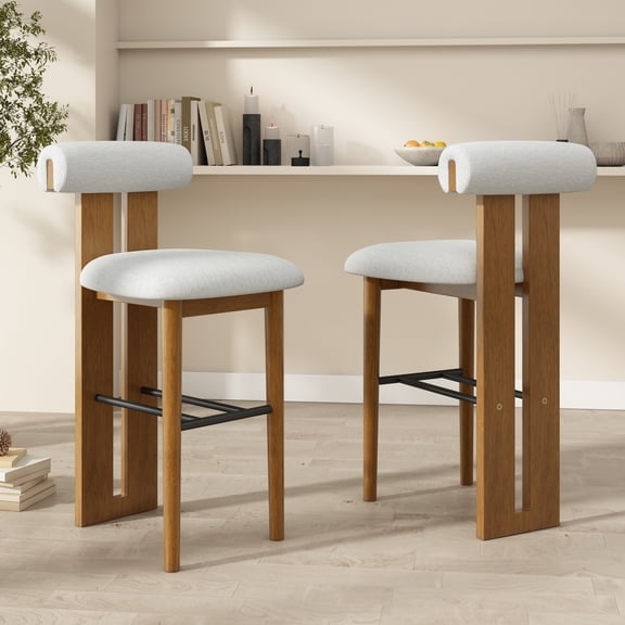 Christopher Knight Home Minimalist Upholstered Bar Stools, Solid Wood Frame, Cloud-Top Backrest, Ivory, Set of 2