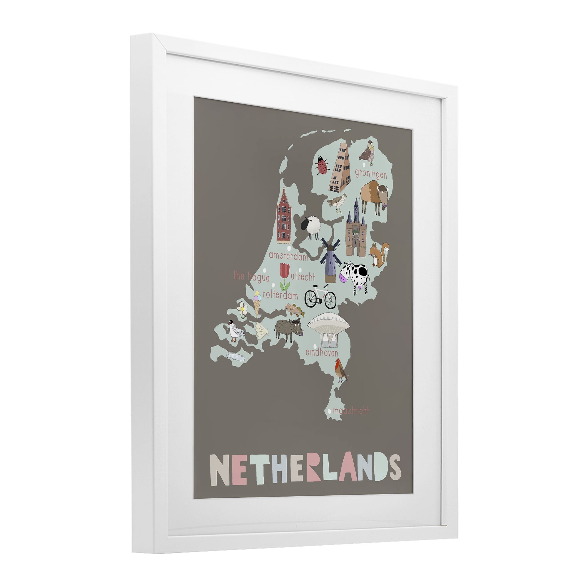 Kid's Map of Netherlands White Framed Print Under Glass, design by Carla Daly