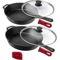 thumbnail image 1 of Cast Iron Skillets Set + Glass Lids &#+&#+&#Frying Pans + Silicone Handle Holder Covers PreSeasoned Oven Cookware Use Indoor/Outdoor Grill Stovetop Camping F, 1 of 6
