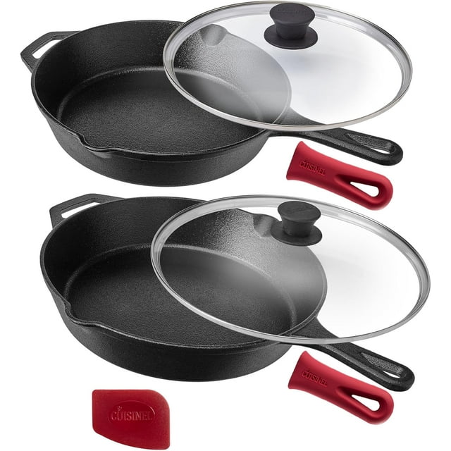 Cast Iron Skillets Set + Glass Lids &#;+&#;+&#;Frying Pans + Silicone Handle Holder Covers PreSeasoned Oven Cookware Use Indoor/Outdoor Grill Stovetop Camping F