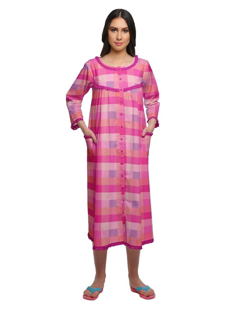 Moomaya Printed Knee Length Cotton Lace Border 3/4th Sleeve Night Gown For  Women - Walmart.com