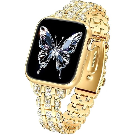 Gold Band for Apple Watch 38mm 40mm 41mm 42mm 44mm 45mm 46mm 49mm for Women, Dressy Fancy Stainless Steel Metal Strap for iWatch Series 11 10 9 8 7 6 5 4 3 SE Ultra 3 2 1
