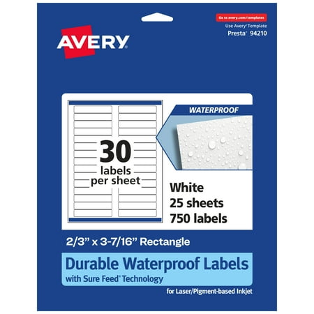 UPC: 0194793908602 | Avery Durable Waterproof Rectangle Labels with Sure Feed  2/3  x 3-7/16   750 Oil and Tear-Resistant Waterproof Labels  Laser/Pigment-Based Inkjet Printable Labels