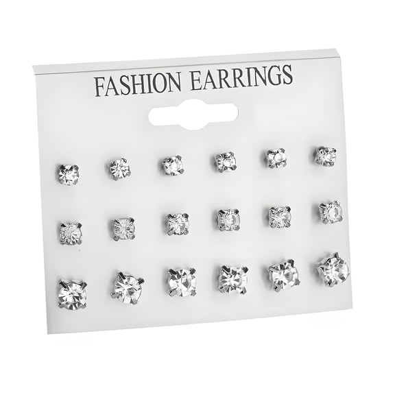 Designice 9Pairs Silver Rhinestone Stud Earrings Set,Multiple Sizes for Women