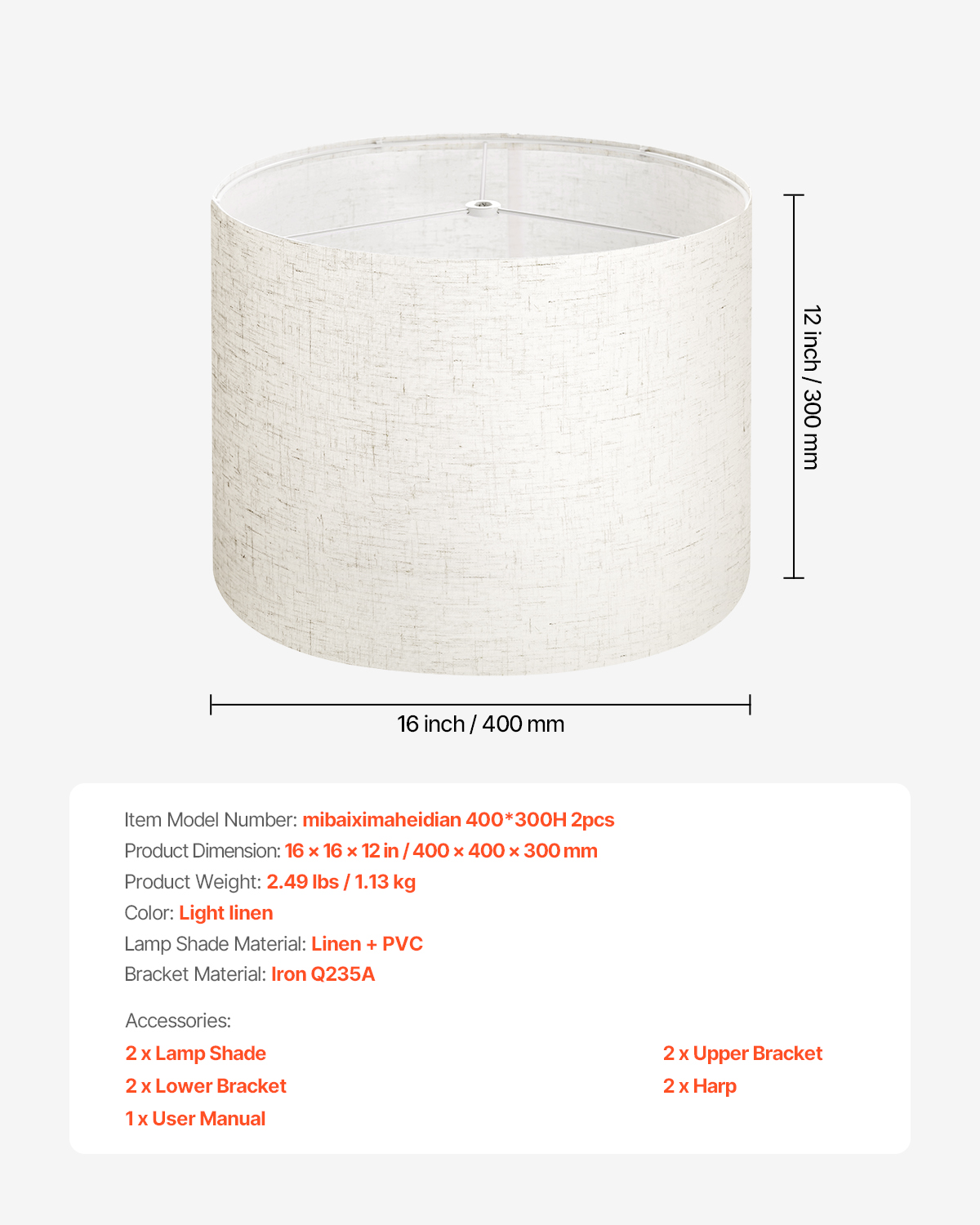 VEVOR Drum Lamp Shade 2 Set, 16 in Top x 16 in Bottom x 12 in High, Large Lampshade with Harp, Replacement Lamp Shade for Table Lamps Floor Lamps Pendant Lights, Easy Assembly Required (Light Linen)