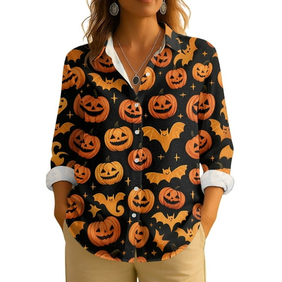 WTOBBY Women's Long Sleeve Casual Button Up Shirt with Retro Halloween Print, Perfect for Everyday Wear and Seasonal Events, Featuring Classic Collar Design for Comfortable Outfits,Black L