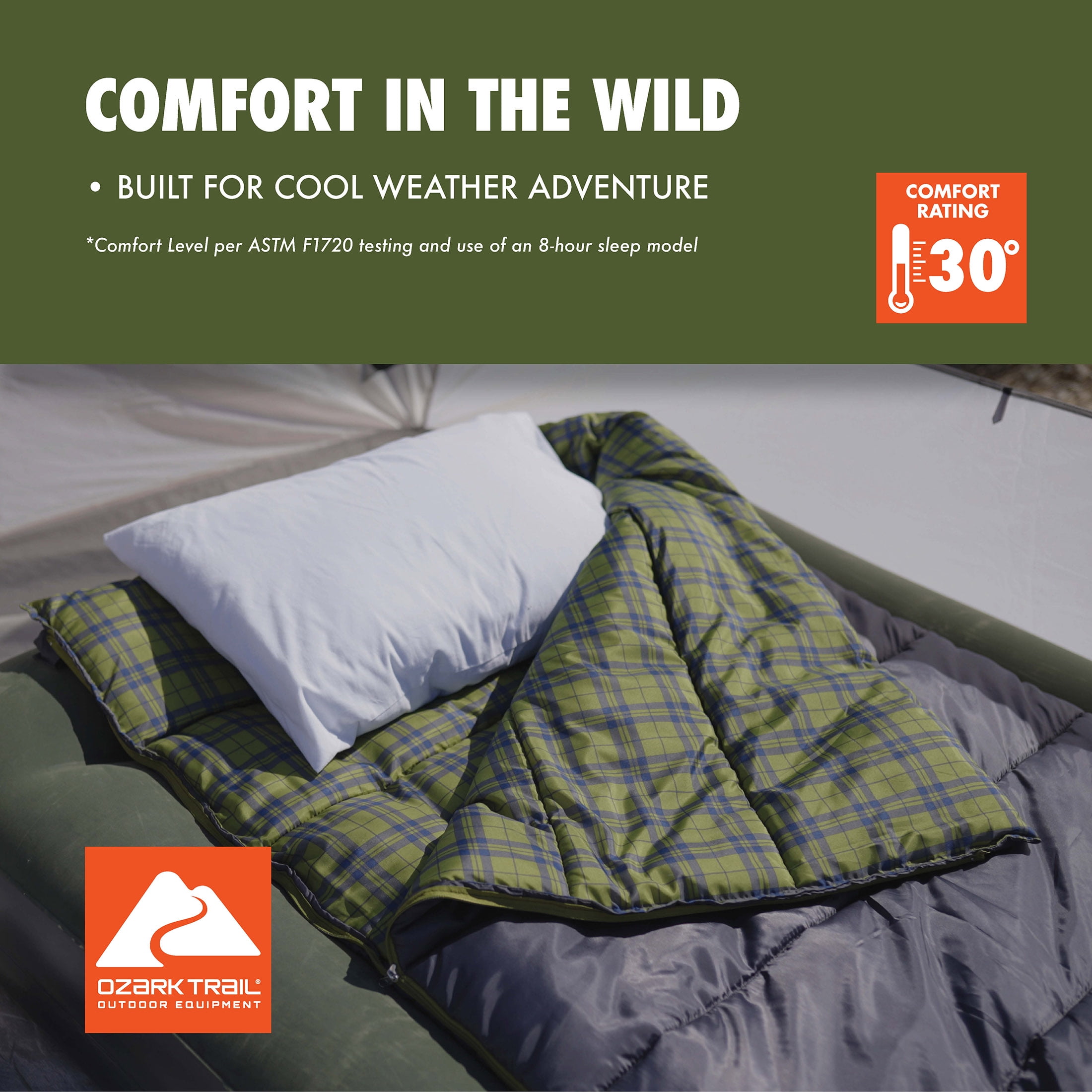 Ozark Trail Oversized 30-Degree Cool Weather Rectangular Sleeping Bag, Gray, 40