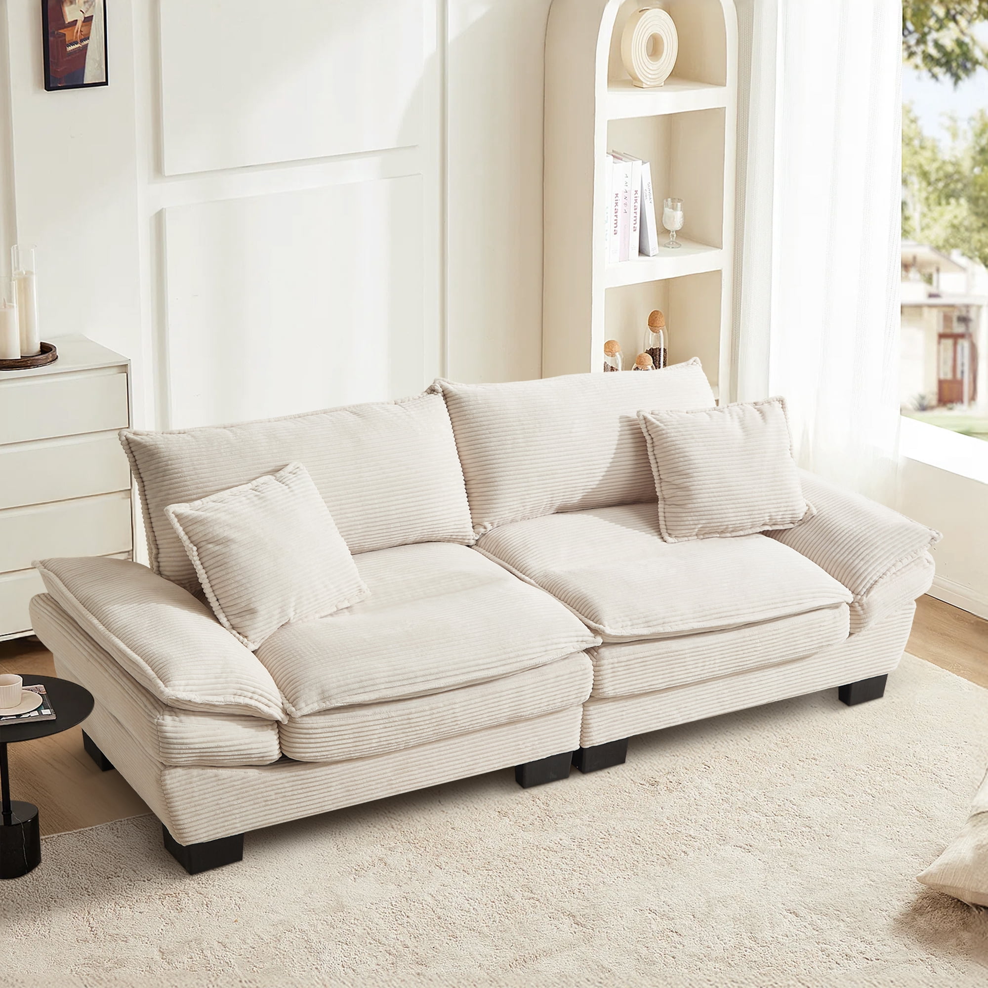 Dinosisco 84"L Deep Seat Sofa, Corduroy Upholstered Sleeper Couch for Living Room, Beige
