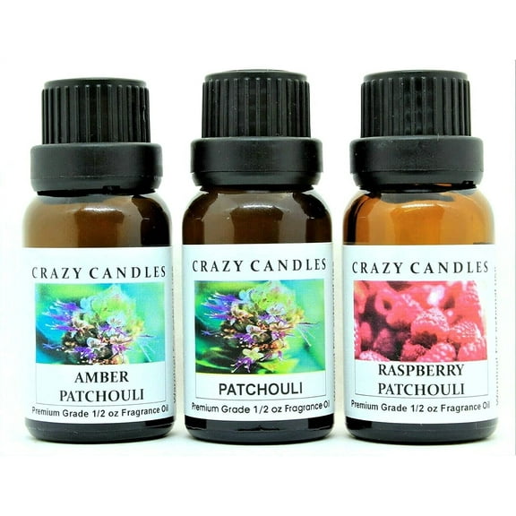 Crazy Candles 3 Bottles Set, 1 Amber Patchouli, 1 Patchouli, 1 Raspberry Patchouli 1/2 Fl Oz Each (15ml) Premium Grade Scented Fragrance Oils