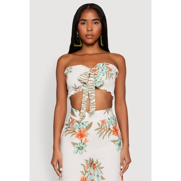 Womens Floral Smocked Tie Front Tube Top
