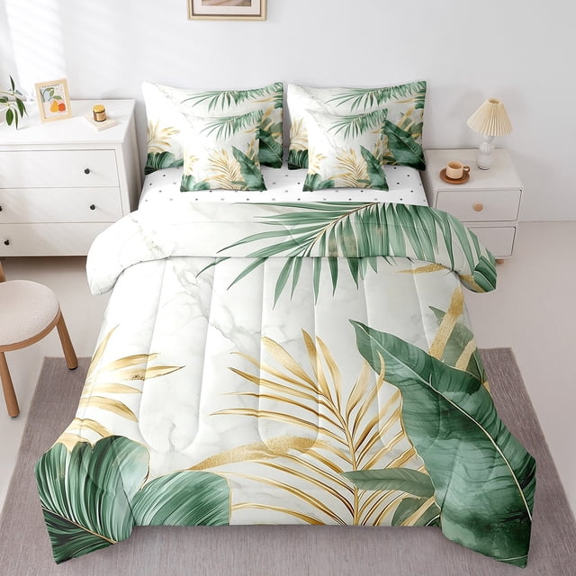 Manfei Ensembles de Literie Simple Minimalistes Abstraits 7 Pcs, Ensemble de Couette Vert Gld Gris, Ensembles de Draps à Feuilles Botaniques, Déco de Chambre Respirante