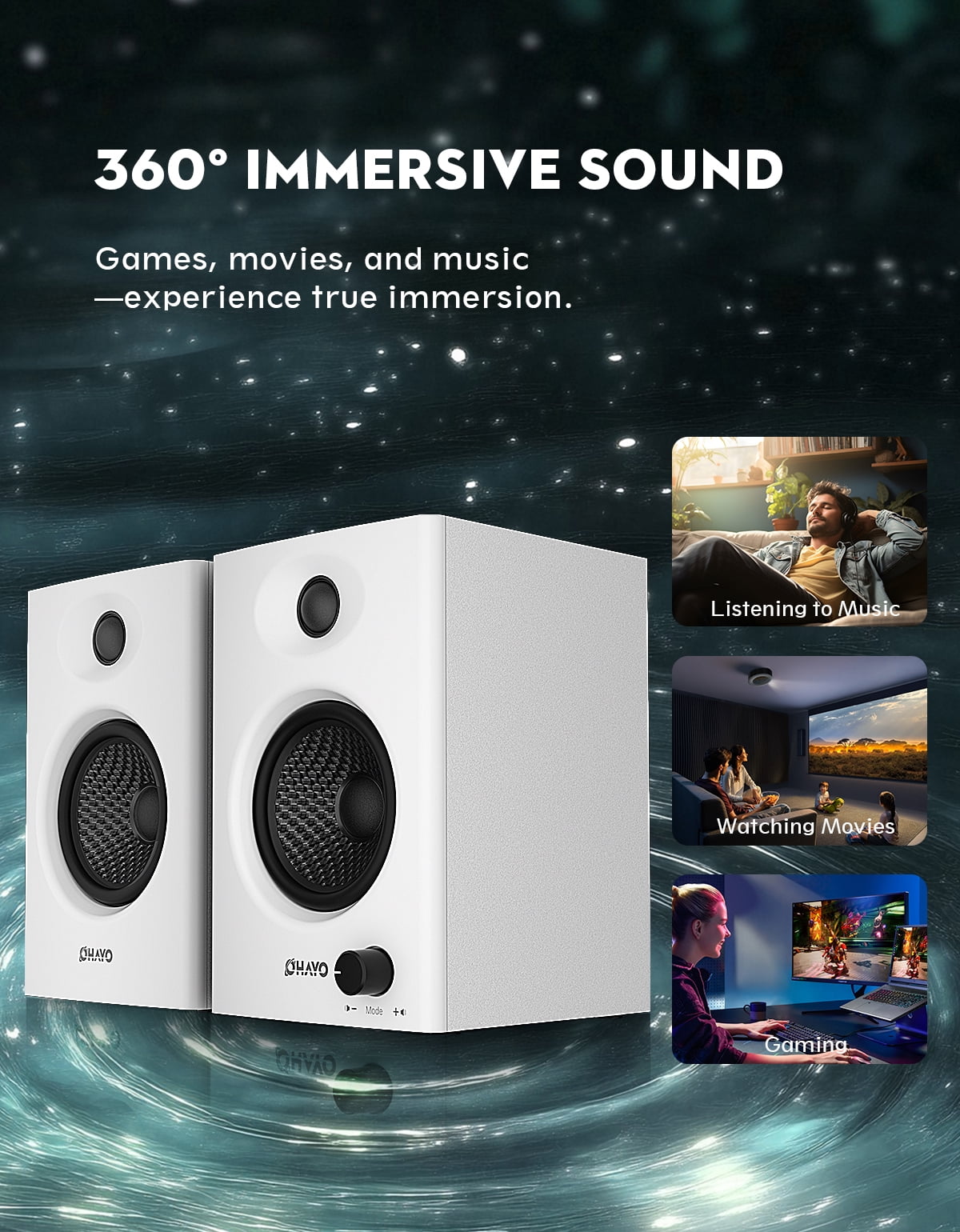 Solorage 60W Computer Speakers, Bluetooth 5.3 Gaming Music Stereo 2.0 Speakers, Surround Sound, 3.5mm Aux RCA, USB Powered, White, 1 Pair