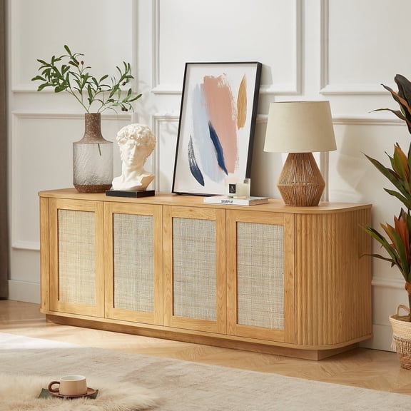 Wood Modern TV Stands 64 Inch with 4 Doors,Entertainment Center with Adjustable Shelf,Wood Vertical Striped Cabinet with Rattan Doors,TV Stands for Living Room,Kitchen,Bedroom,Entryway,Natural