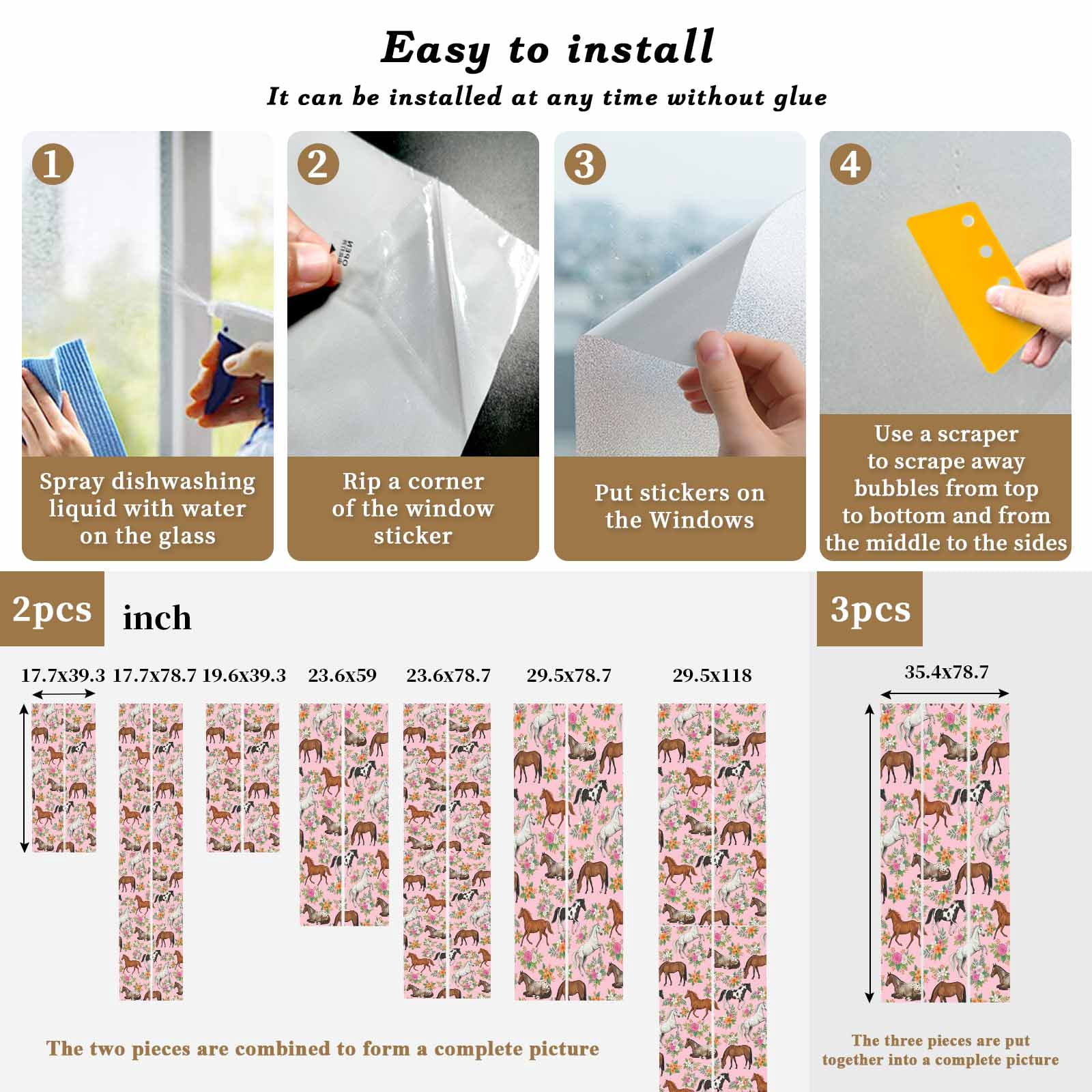 Horses Animal Window Privacy Film, Orange Flower Roses Leaf Pink Background Frosted Glass Window Clings Static Cling UV Heat Blocking Reusable Door Sticker for Bathroom 23.6 x 59 Inch