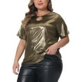 thumbnail image 4 of Plus Size Metallic Top for Women Keyhole Round Neck Short Sleeve t Shirt Party Blouses Tee Top 1X Gold, 4 of 6