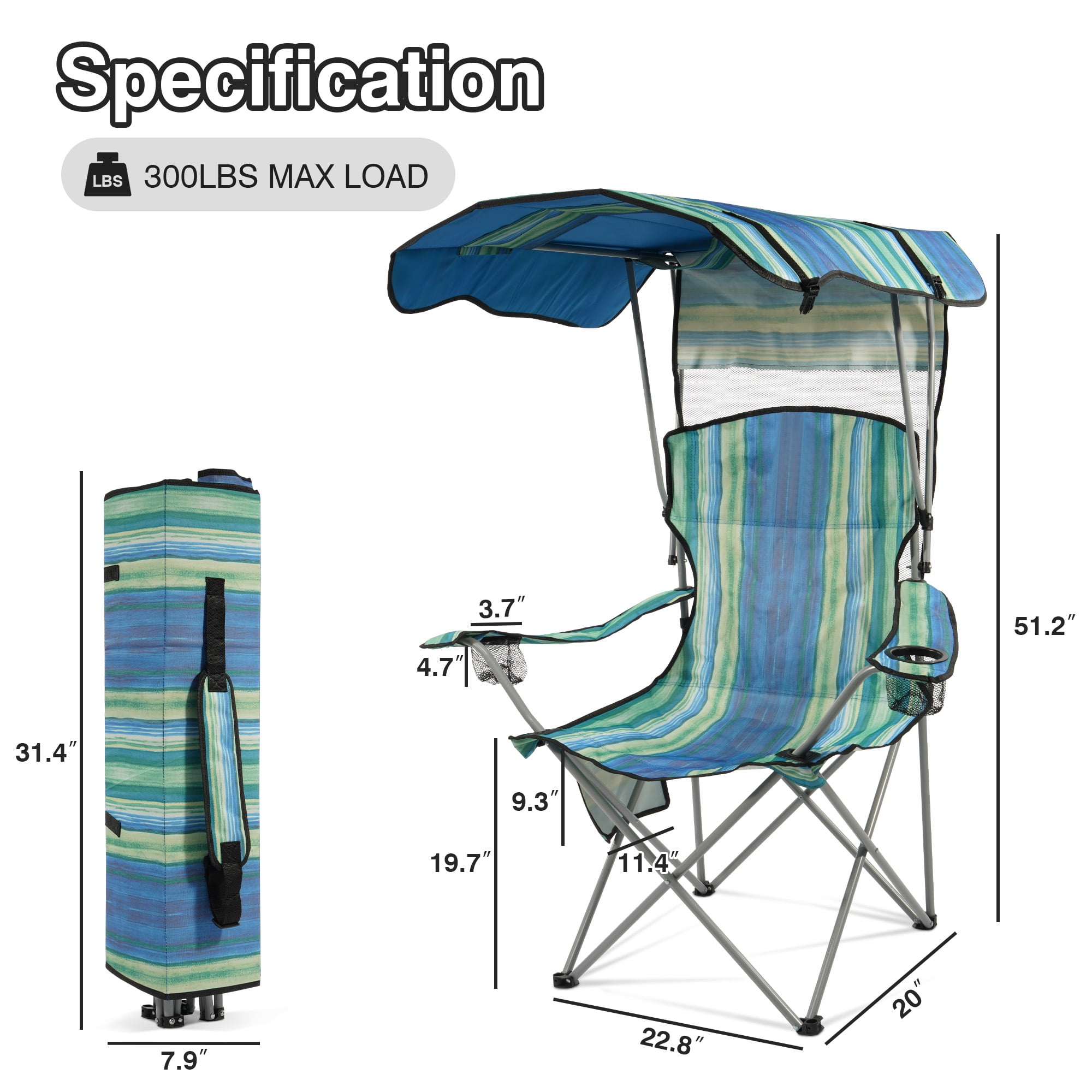 FlexWave Folding Camp Chair，Portable Outdoor Chair，with Shade & Cup Holder，for Camping, Beach, Fishing, and Sports Events
