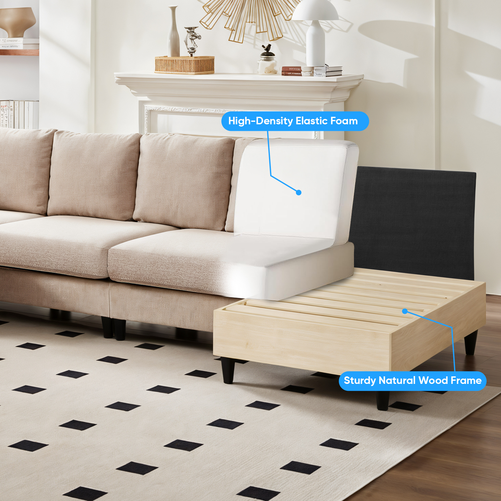 BALUS U Shaped Sectional Sofa,Oversize Modular Couch and Sofa for Living Room, 4-Seat Sectioanl Sofa with Chaise, Beige