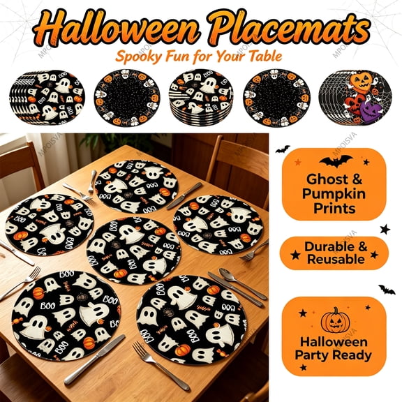 6 Pack Halloween Table Mats Round Linen Pumpkin Ghost Print Non-Slip Reusable Fabric Placemats for Home Dinner Party Tabletop Decor by MPOISVA