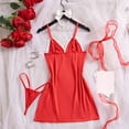 thumbnail image 4 of JSGEK Women Contrast Lace Trim Chemise Dress and Thong Set Adjustable Spaghetti Straps Nightwear Lingerie Set Red L, 4 of 7