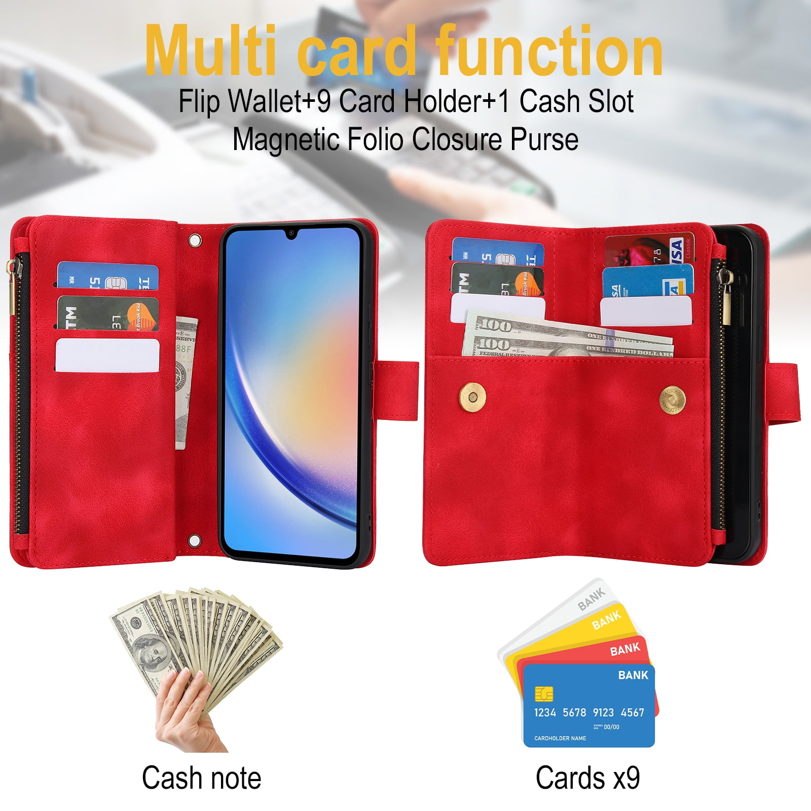 for Samsung Galaxy A16 4G/5G Wallet Case with Card Holder for Women Men, Phone Case RFID Blocking PU Leather Flip Shockproof Cover with Shoulder + Wrist Strap Zipper Credit Card Slots Stand, Red