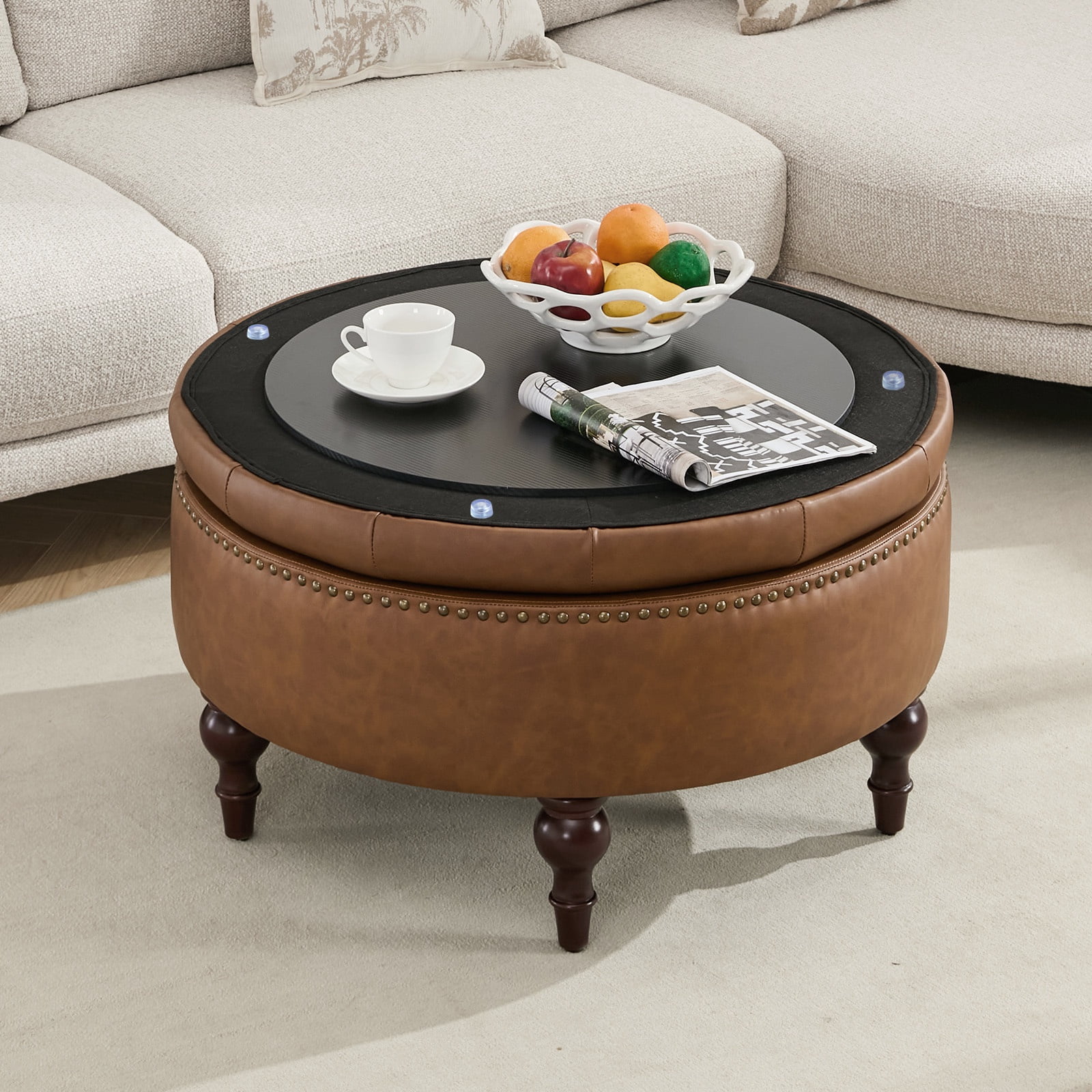 JURANYAZHU 31.5 Inch Oversized Storage Ottoman, Upholstered Storage Seat, with Reversible Lid, Multifunctional As a Coffee Table, PU Fabric, for Living room,Bedroom,Brown