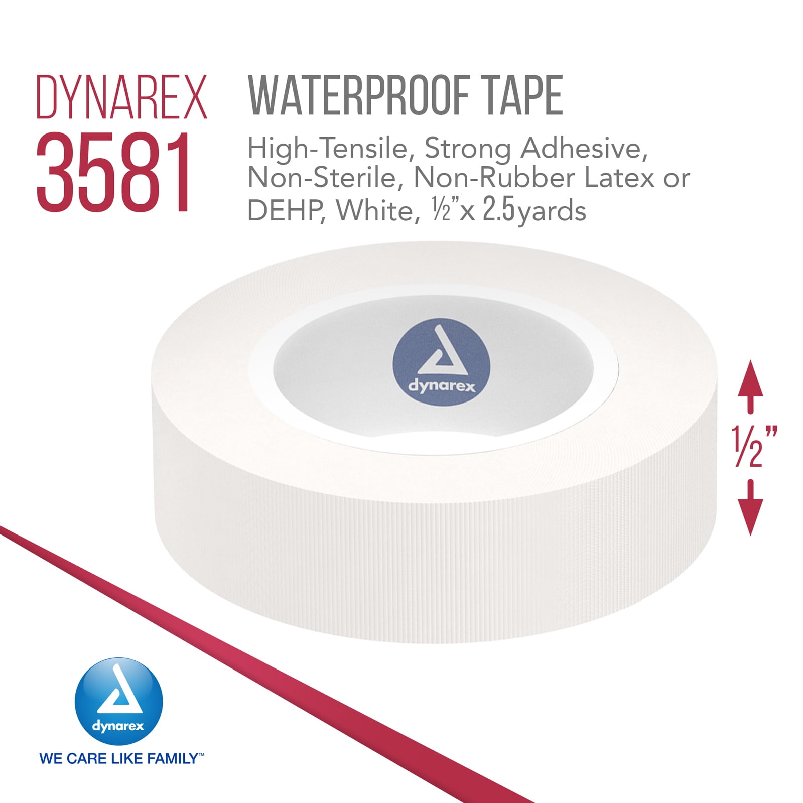 Dynarex Waterproof Adhesive Tape - High-Tensile, Strong Adhesive, Non-Sterile - No Rubber Latex & DEHP - 1/2” x 2.5 Yards - 500 Rolls per Bulk Case